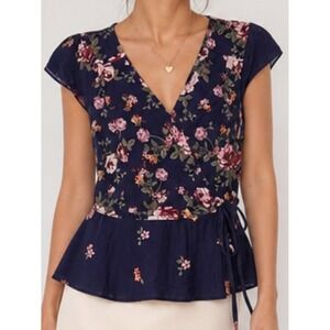 Francesca's Romantic Girly Blue Rain NWT Floral Surplice Top Medium
